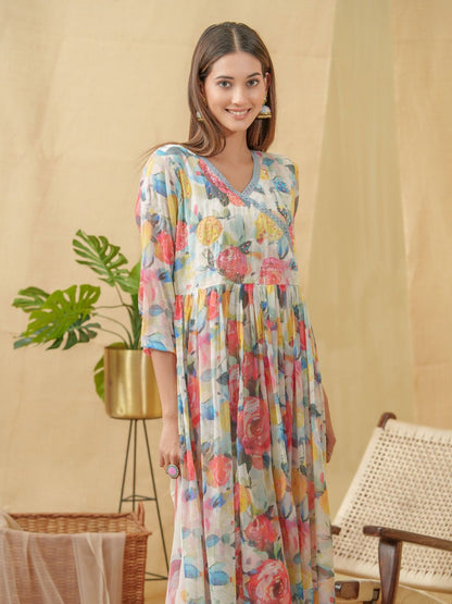 Dhiyona IS Women's V-Neck Floral Printed Angrakha Kurta with Palazzos & Dupatta