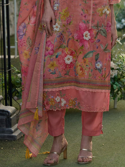 Women Floral Embroidered Linen Kurta with Trousers & Dupatta
