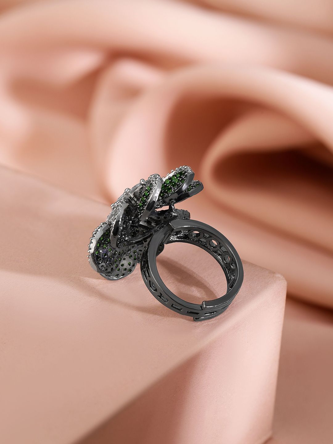 Dhiyona RJ Women's Rhodium-Plated Stone Studded Floral Adjustable Finger Ring