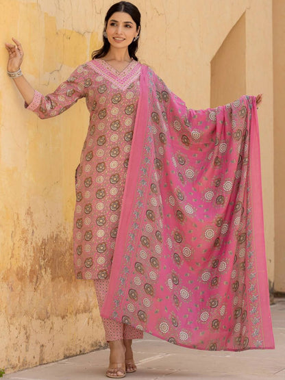 Dhiyona VA Women's Floral Embroidered Regular Mirror Work Kurta with Trousers & With Dupatta