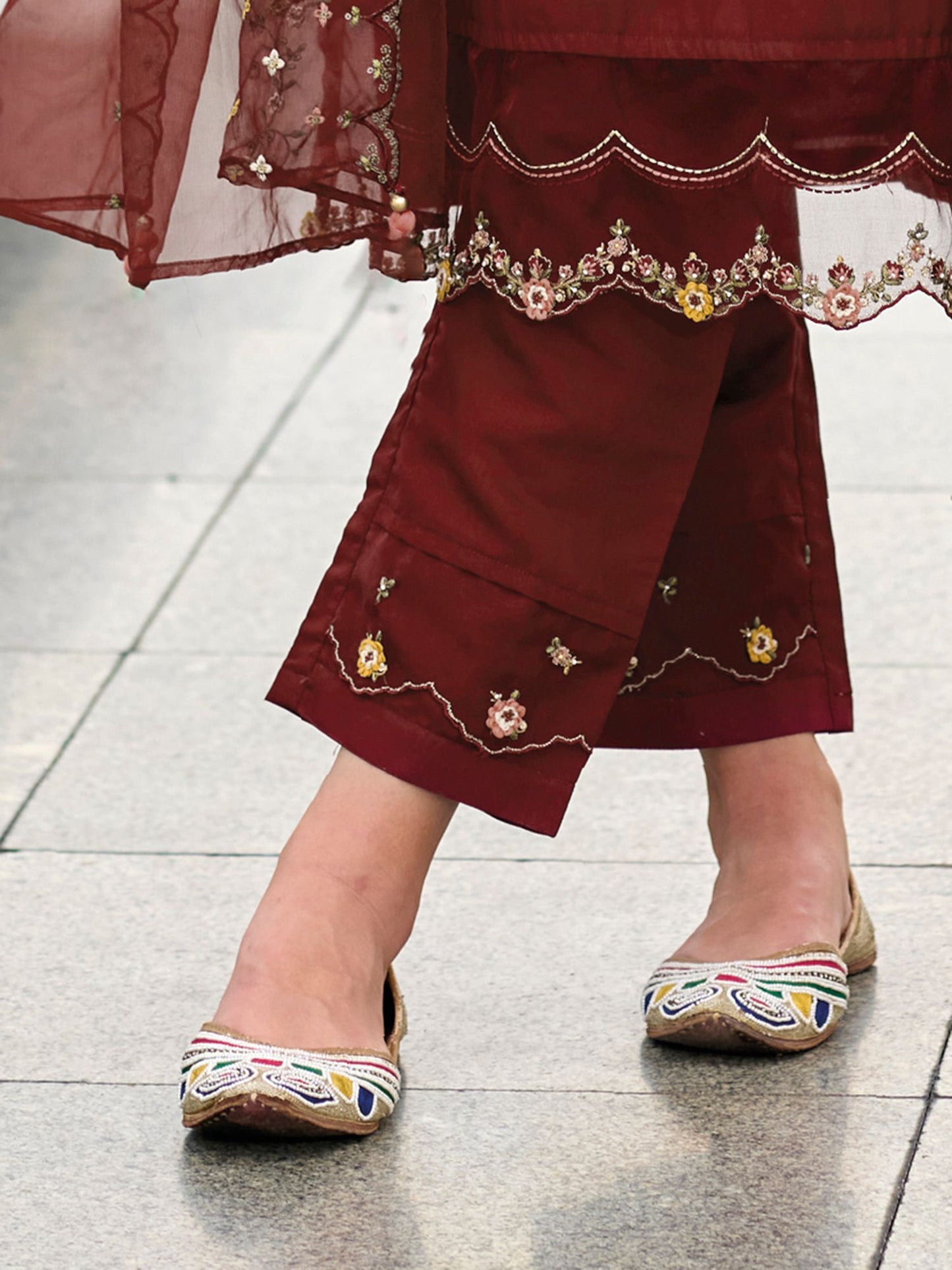 Maroon Floral Yoke Design Thread Work Straight Kurta & Trousers With Dupatta