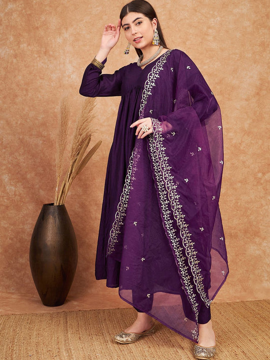 Dhiyona SN Women's Purple V- Neck Empire A-Line Kurta & Trousers With Dupatta