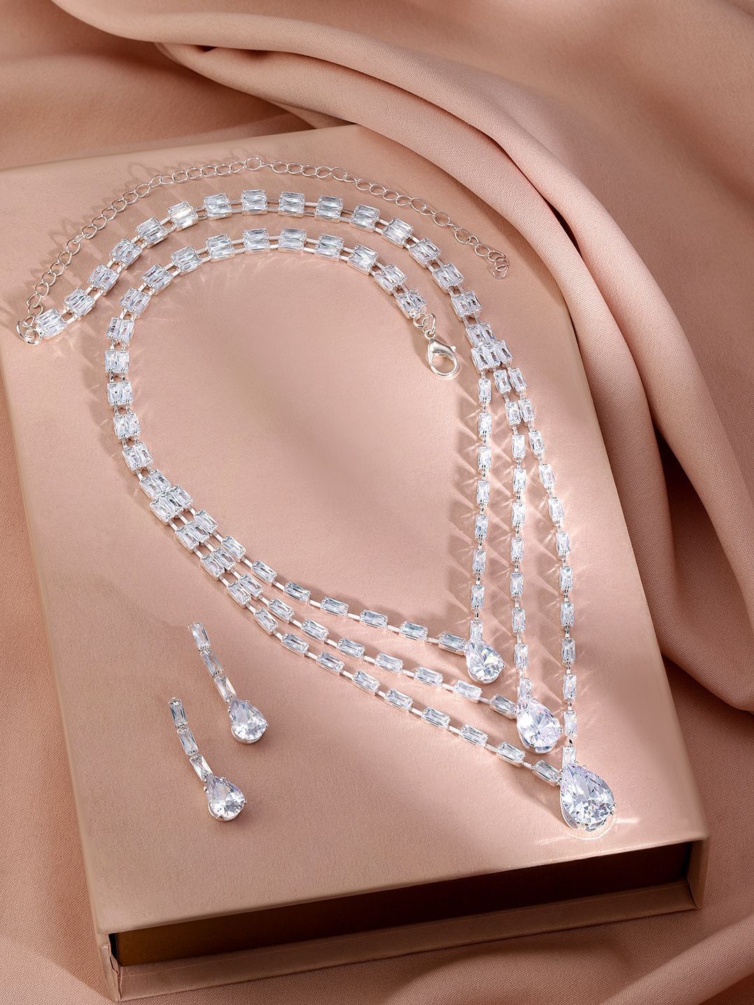 Dhiyona RJ Women's Rhodium Plated Crystal-Studded Layered Jewellery Set