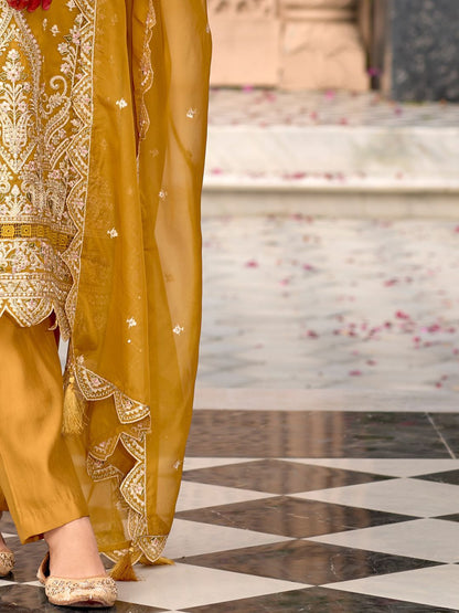 Floral Embroidered Zari Organza Kurta With Trousers And Dupatta