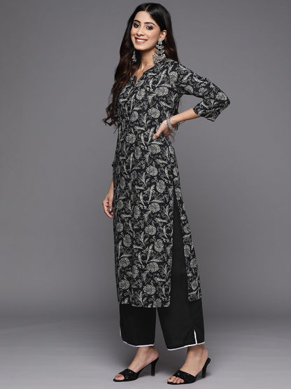 Women Black Floral Printed Kurta with Trousers & With Dupatta