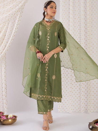 Dhiyona IE Floral Embroidered Zari Straight Kurta with Trousers & With Dupatta
