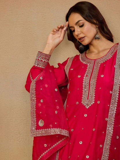 Dhiyona PD Women Embroidered Straight Kurta & Trousers With Dupatta