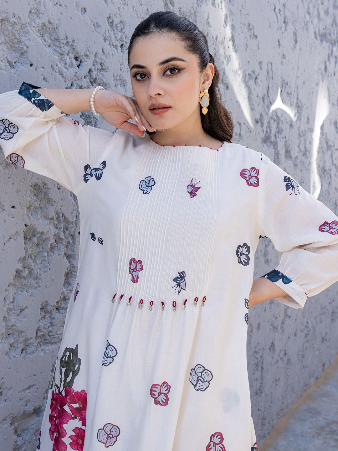 Dhiyona IE Floral Printed Pure Cotton Tunic With Trousers Co-Ords