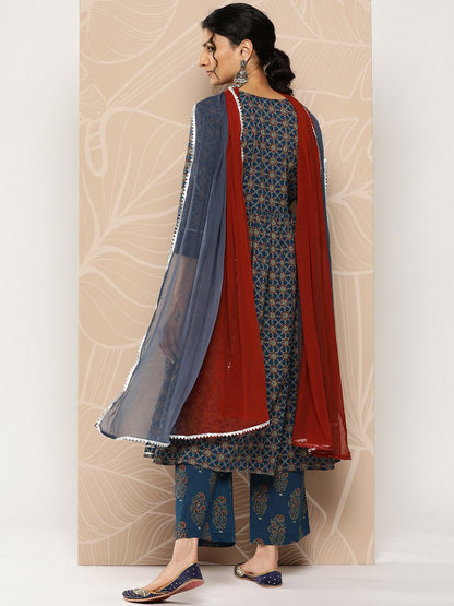 Dhiyona VA Women'sFloral Printed Empire Pure Cotton Kurta With Trousers & Dupatta