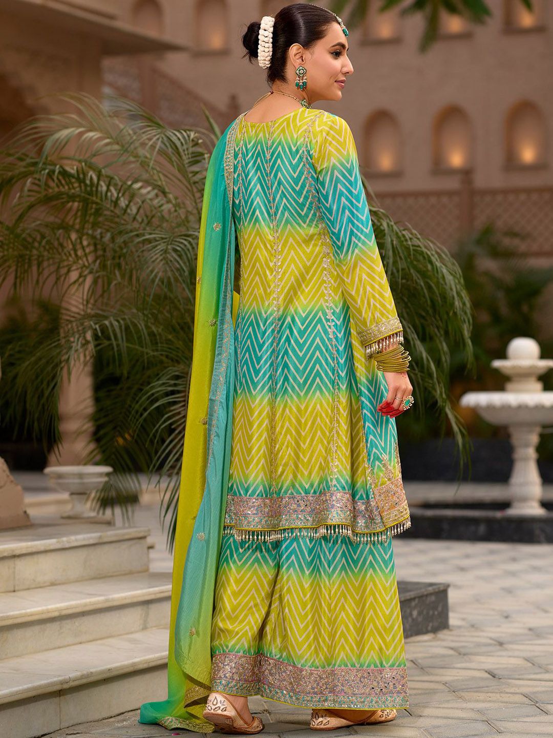 Floral Embroidered Sequinned Chinon A-line Kurta With Palazzos & Dupatta