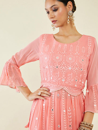 Dhiyona SO Women's Floral Embroidered Mirror Work Kurta With Palazzos & Dupatta