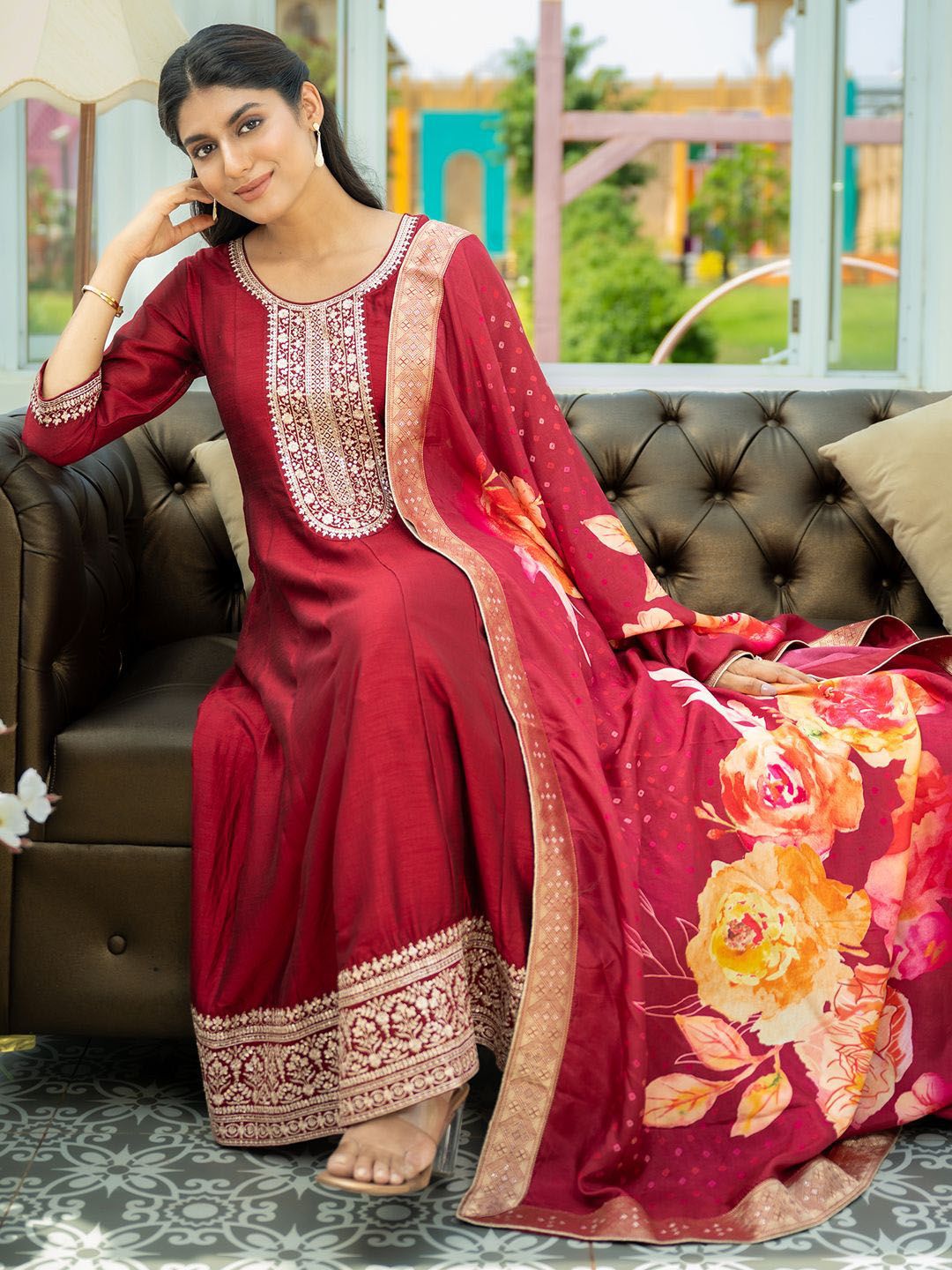 Ethnic Motifs Embroidered Sequinned A Line Kurta With Trousers & Dupatta