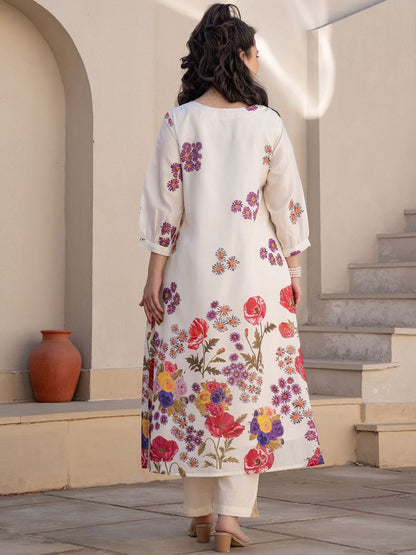 Dhiyona IE Floral Printed A-Line Sequinned Pure Cotton Kurta With Trousers