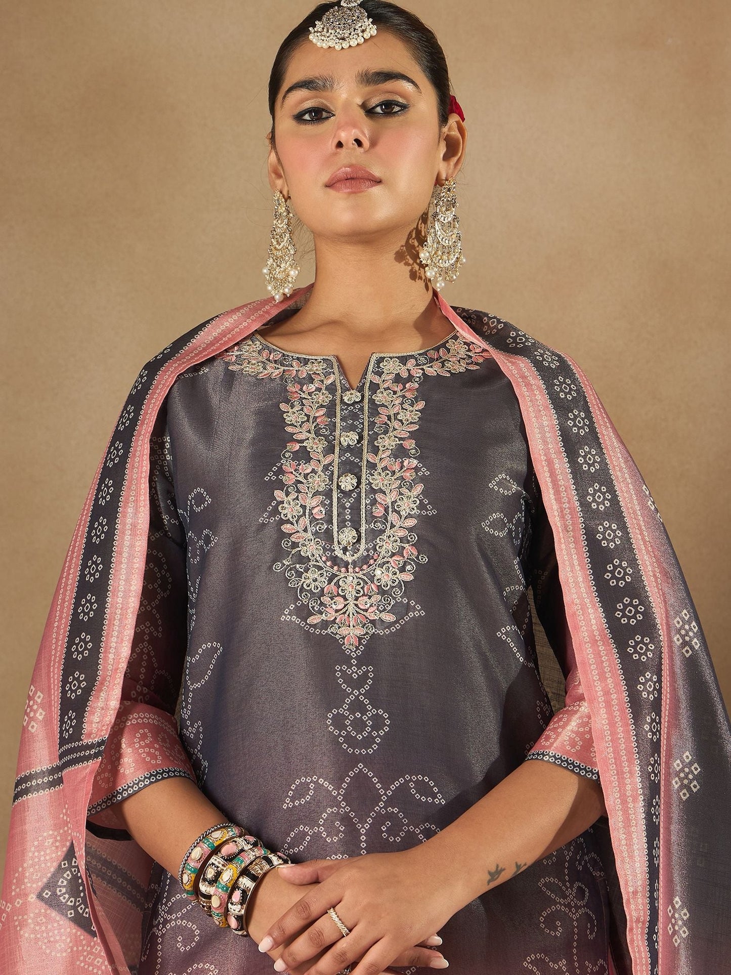 Dhiyona IE Floral Embroidered Embellished Notch Neck Straight Kurta with Trouser And Dupatta
