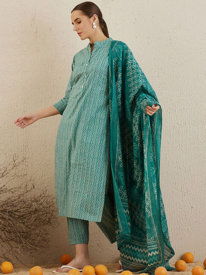 Dhiyona IE Chevron Printed Mandarin Collar Pure Cotton Kurta with Trousers & With Dupatta