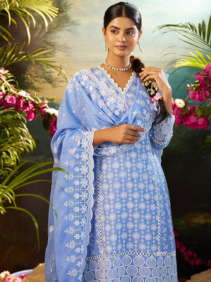 Women Ethnic Motifs Embroidered Cotton Kurta with Trousers & Dupatta