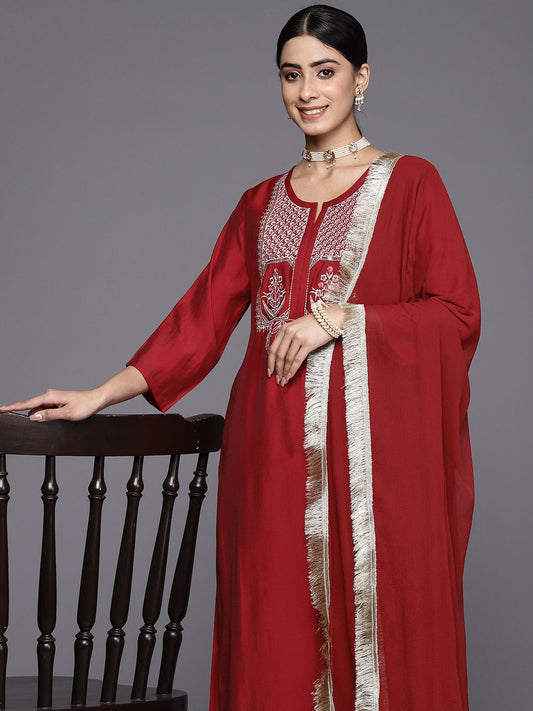 Dhiyona VA Women's Red Floral Embroidered Sequinned Kurta with Trousers & With Dupatta