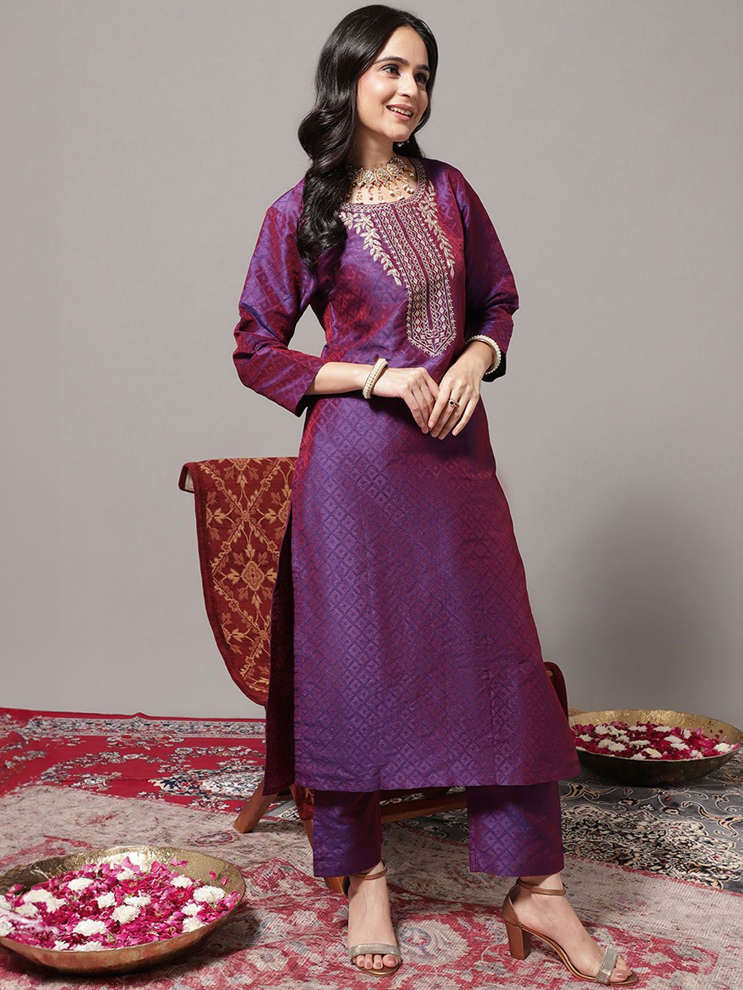 Dhiyona VA Women's Zari Embroidered Yoke Geometric Jacquard Kurta with Trouser & Dupatta