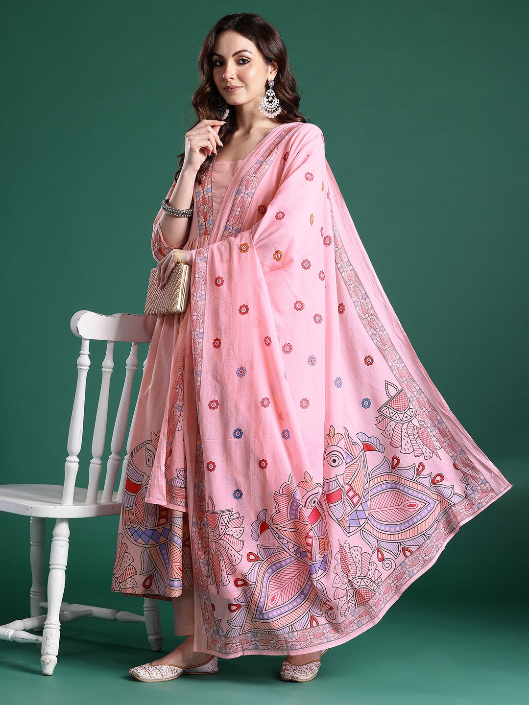 Floral Printed Pleated Sequinned Pure Cotton Kurta with Trousers & With Dupatta