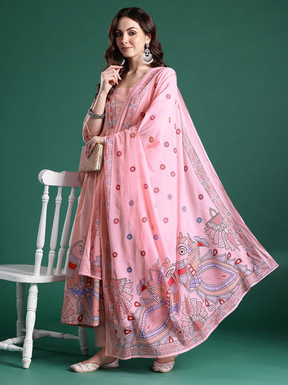 Floral Printed Pleated Sequinned Pure Cotton Kurta with Trousers & With Dupatta