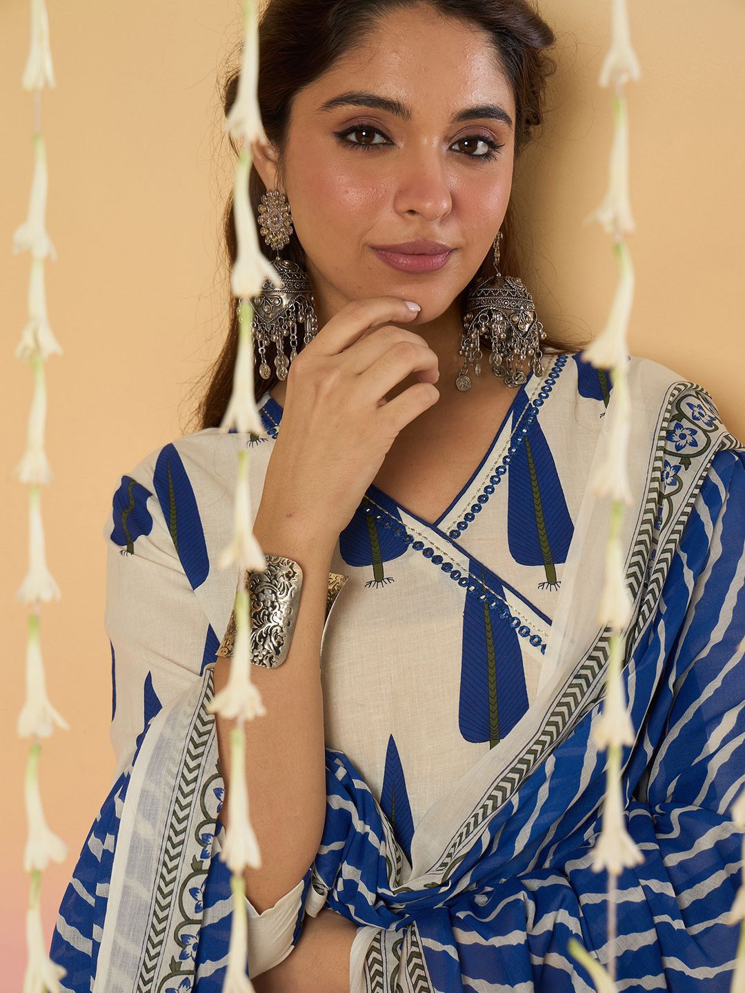 Ethnic Motifs Printed Angrakha A-Line Pure Cotton Kurta With Trousers & Dupatta