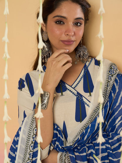 Ethnic Motifs Printed Angrakha A-Line Pure Cotton Kurta With Trousers & Dupatta