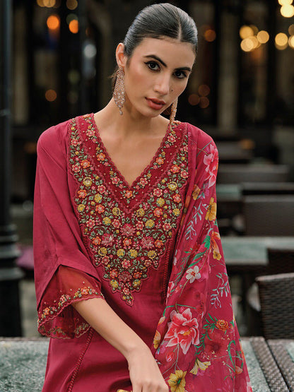 Dhiyona IE Floral Embroidered Panelled Thread Work A-Line Kurta With Trousers & Dupatta