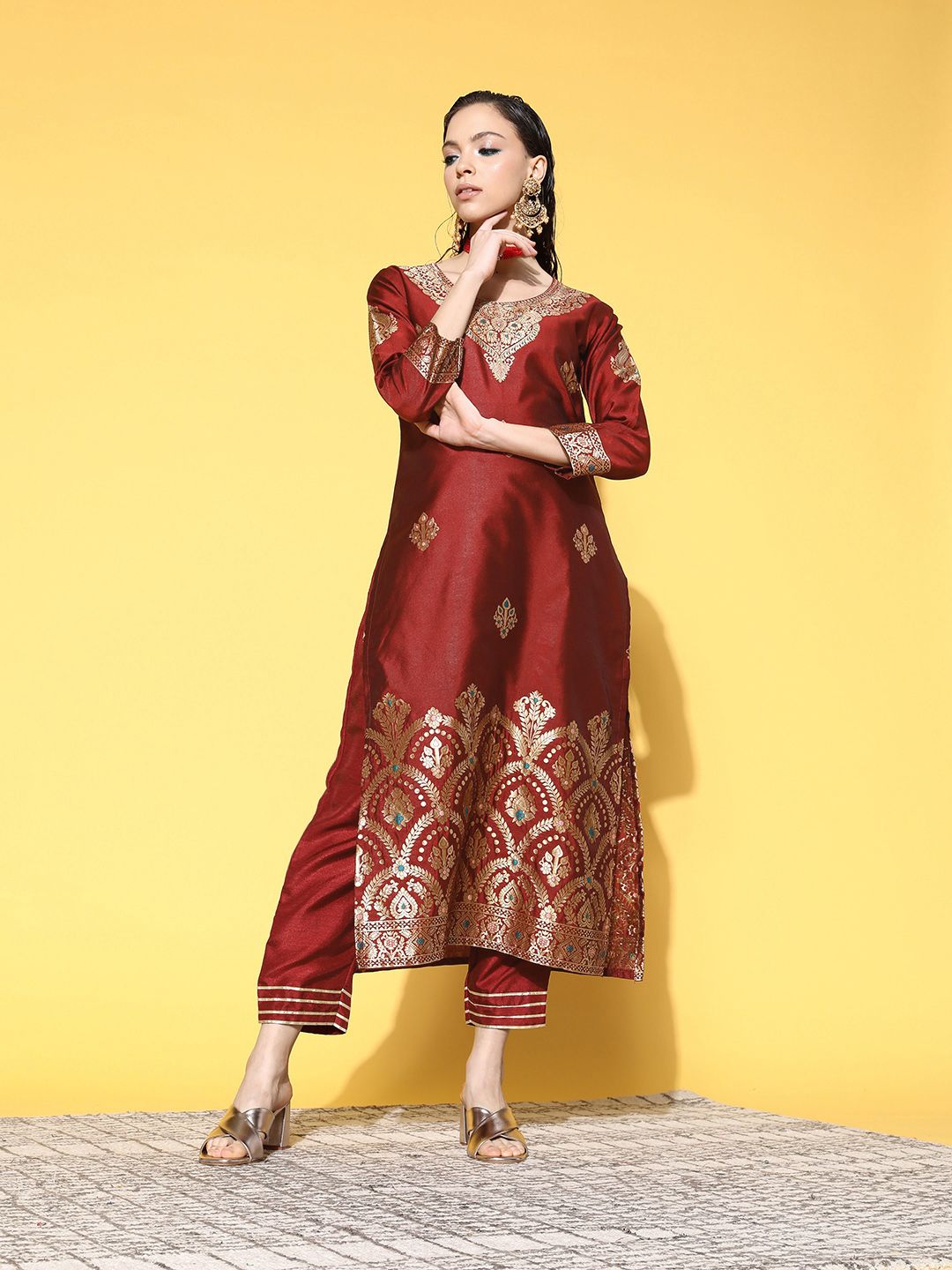Women Maroon & Gold-Toned Ethnic Motifs Woven Design Kurta with Palazzos