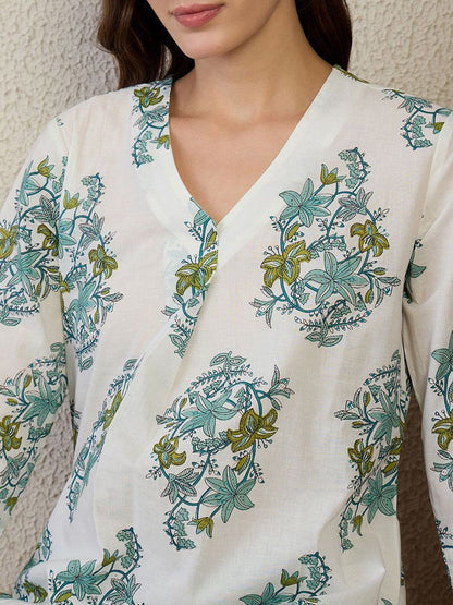 Floral Printed V Neck A Line Pleated Pure Cotton Kurta With Trousers