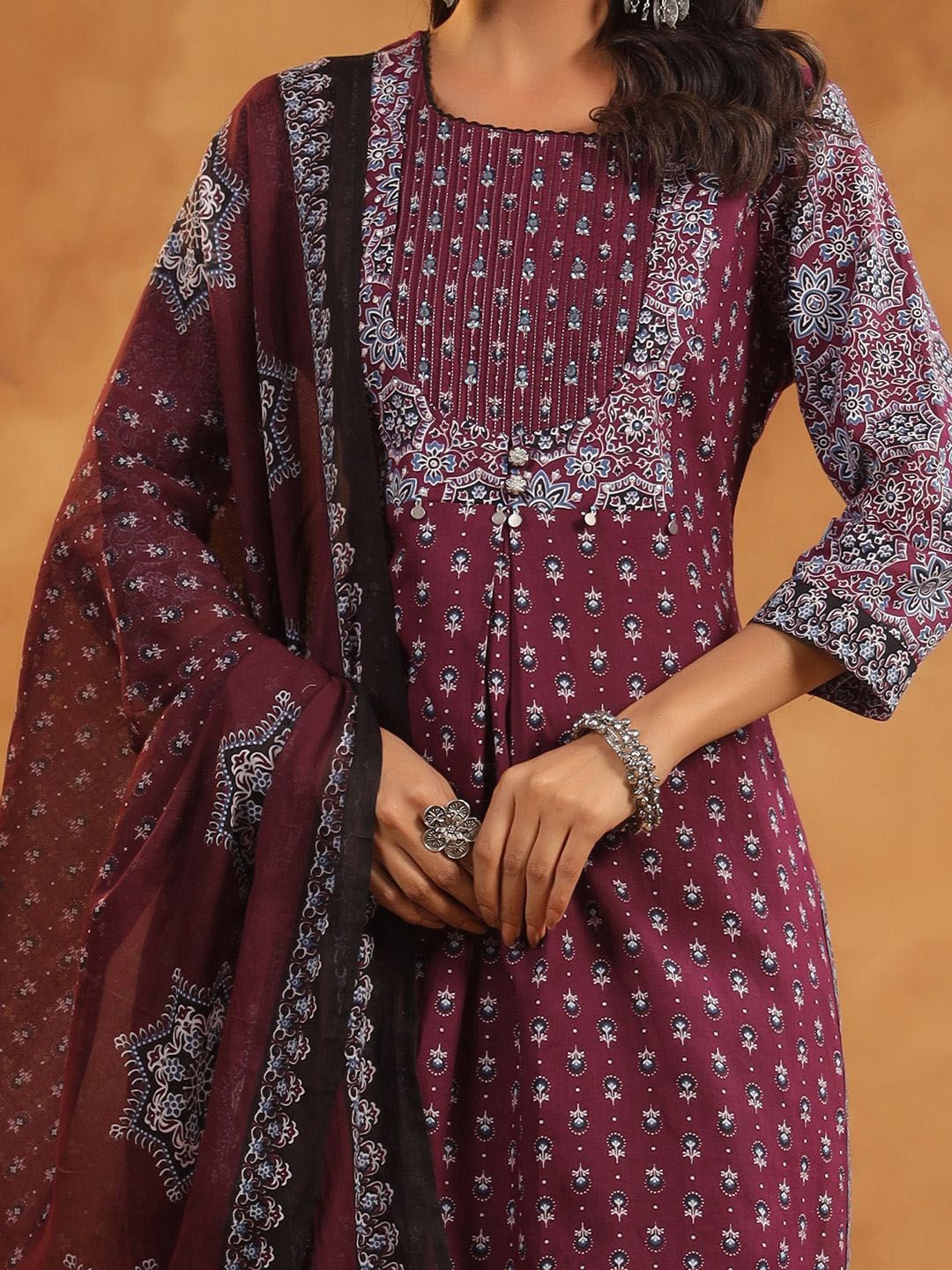 Floral Printed Pure Cotton Kurta With Trousers And Dupatta