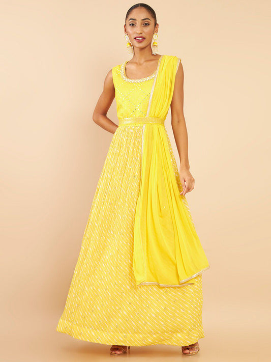 Dhiyona SO Women's Women Yellow Embroidered Empire Mirror Work Kurta with Trousers & With Dupatta