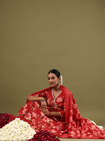 Floral Printed Empire Gotta Patti Pure Cotton Kurta with Trousers & Dupatta