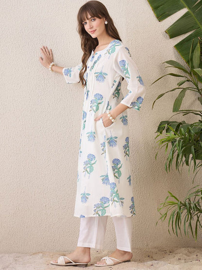 Dhiyona IE Floral Printed Round Neck Pure Cotton A-Line Kurta With Trouser