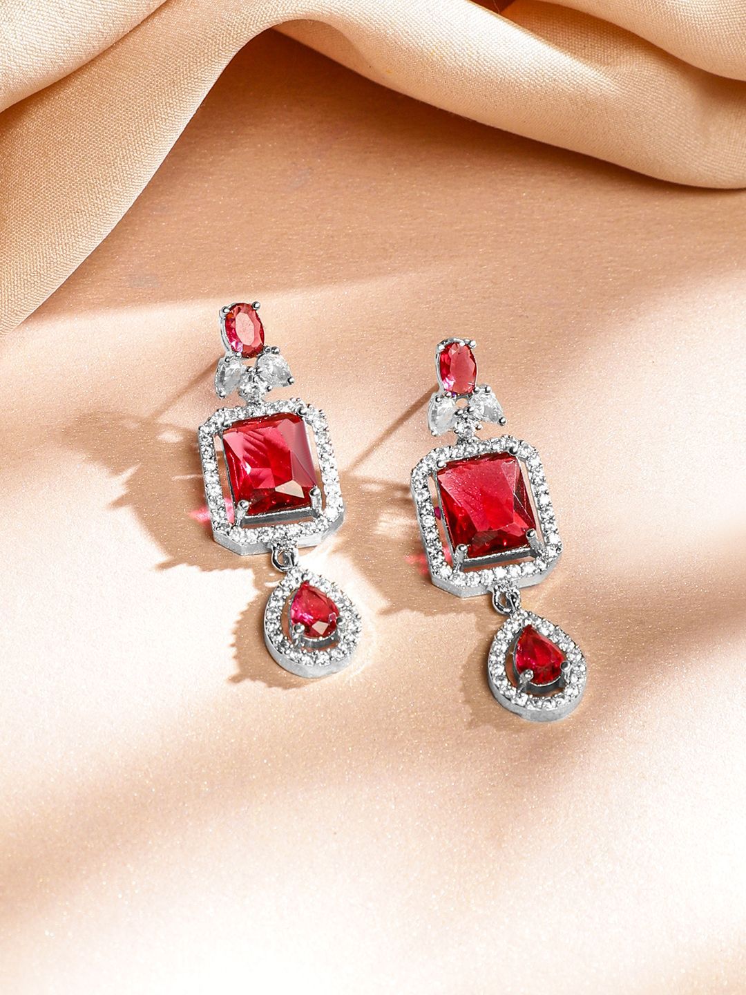 Dhiyona RJ Women's Rhodium-Plated Ruby Red & White Cubic Zirconia Studded Luxe Layered Necklace Set