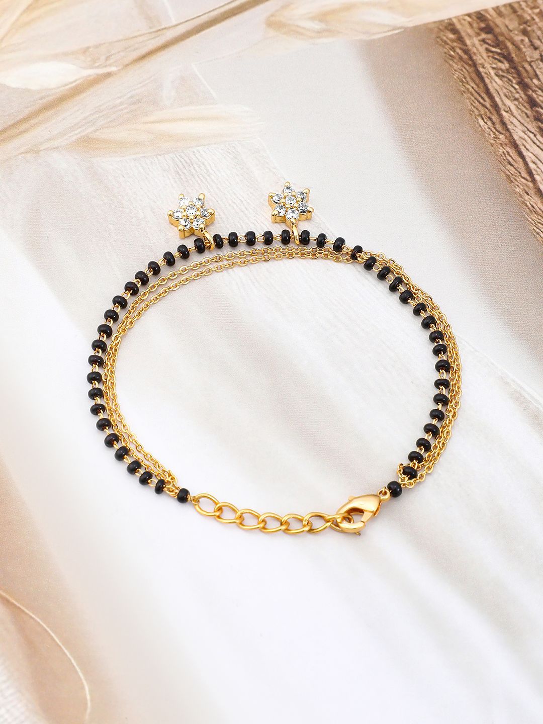 Dhiyona RJ Women's 18K Gold-Plated Zirconia Drops with Black & Gold Beaded Mangalsutra Bracelet