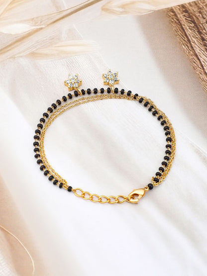 Dhiyona RJ Women's 18K Gold-Plated Zirconia Drops with Black & Gold Beaded Mangalsutra Bracelet