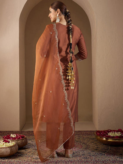 Dhiyona IE Women Ethnic Motifs Embroidered Regular Liva Kurta with Trousers & With Dupatta