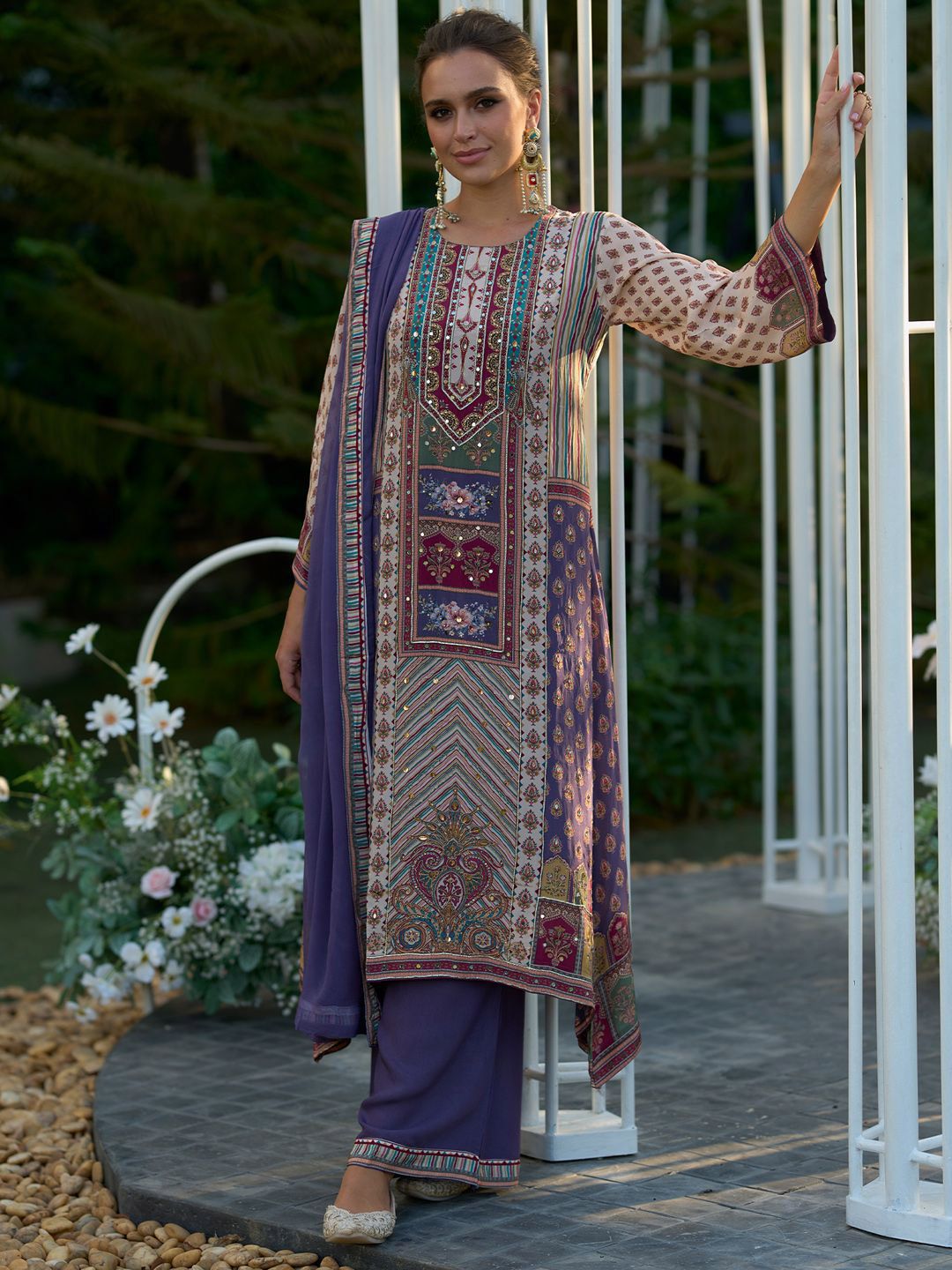 Floral Printed Mirror Work Liva Kurta with Palazzos & Dupatta