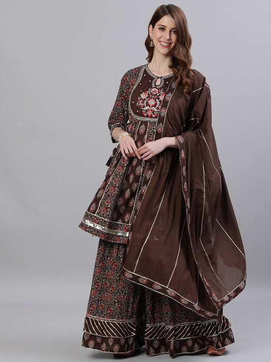 Dhiyona IS Women's Floral Printed Empire Gotta Patti Pure Cotton Kurta with Sharara & With Dupatta