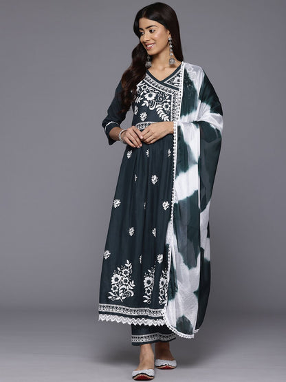Dhiyona VA Women's Floral Embroidered Angrakha Kurta with Trousers & With Dupatta