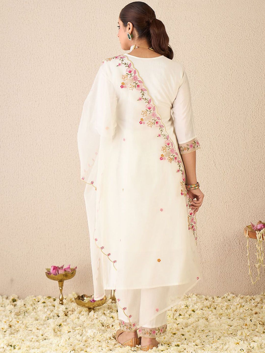 Floral Embroidered Round Neck Kurta With Trousers & Dupatta