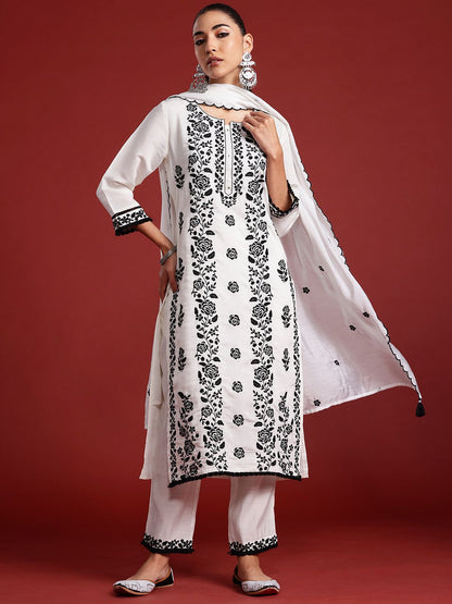 Dhiyona IE Floral Embroidered Thread Work Kurta With Trousers & Dupatta