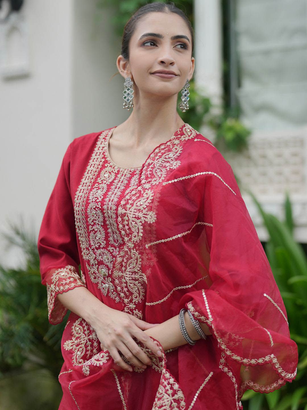 Ethnic Motifs Embroidered Liva Kurta With Trousers & Dupatta