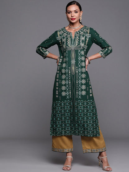 Dhiyona IE Women Green & Grey Ethnic Motifs Foil Print Regular Kurta with Palazzos