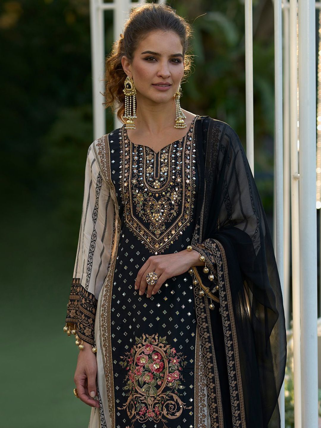 Floral Printed Sweetheart Neck Mirror Work Straight Kurta With Palazzos & Dupatta