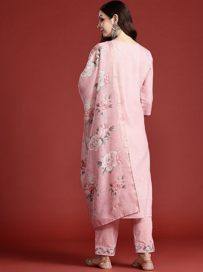 Floral Embroidered Thread Work Linen Kurta with Trousers & With Dupatta