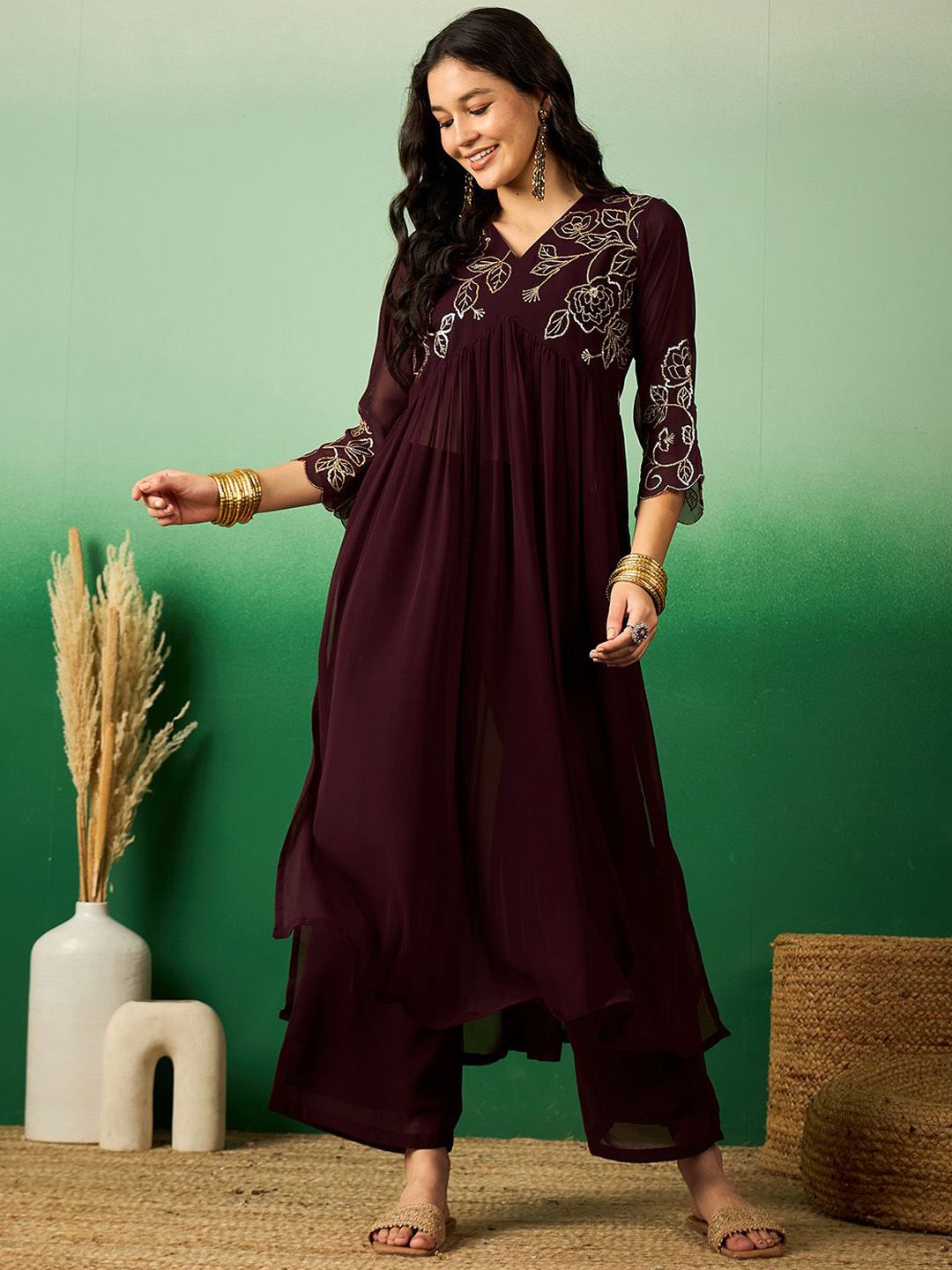 Dhiyona SN Women's Brown Floral Embroidered V-Neck A-Line Kurta With Palazzo Set