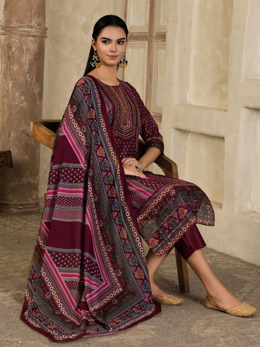 Dhiyona SN Women's Floral Printed Round Neck Silk Blend Straight Kurta With Trousers & Dupatta