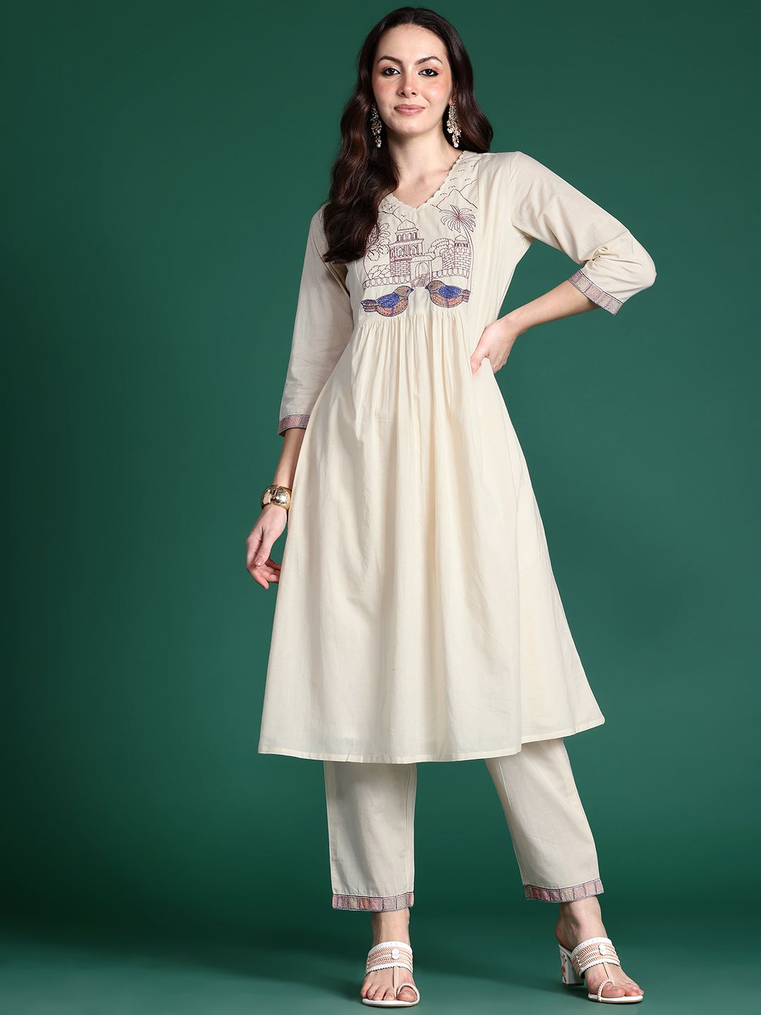 Embroidered Panelled Thread Work Kurta with Trousers