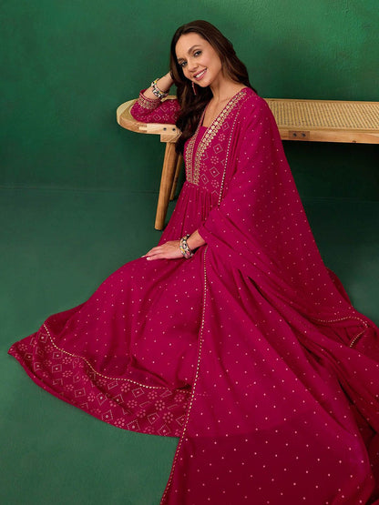 Dhiyona SN Women's Embroidered Bandhani Printed V-Neck Anarkali Kurta With Trousers & Dupatta
